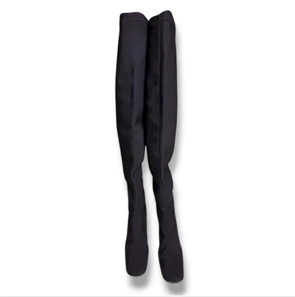 PAZZO Black Stretch Fabric Over the Knee Block Heel Boots